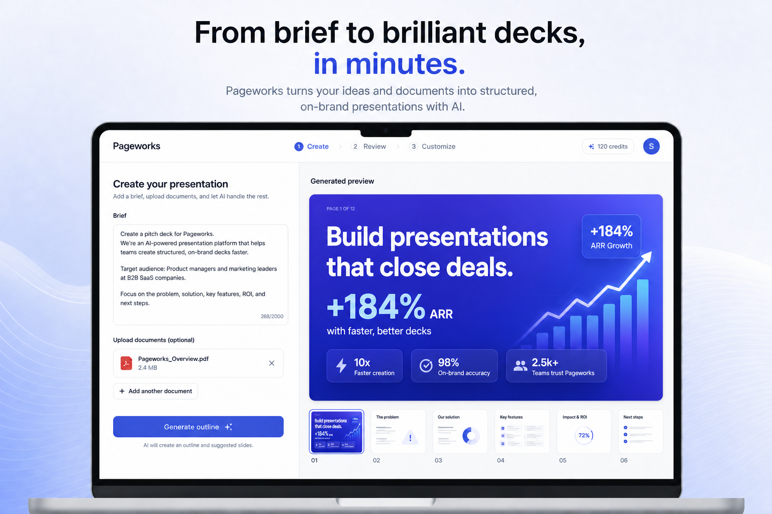 Pageworks create screen: brief and sources beside a vivid marketing pitch slide on the canvas
